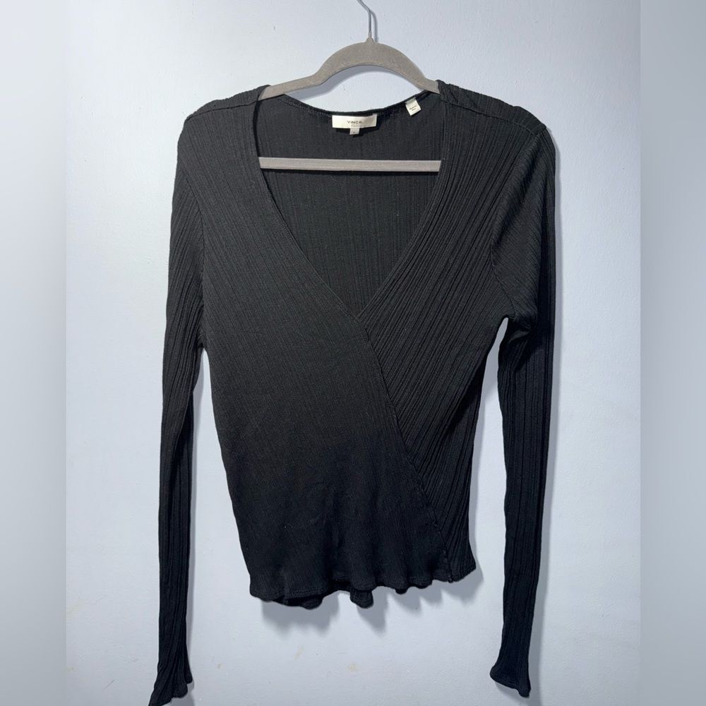 Vince Black Ribbed Long Sleeve Wrap Top Cotton Modal Size XL EUC